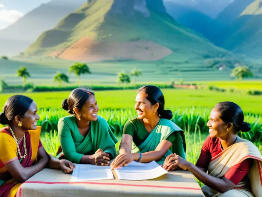 Mujeres rurales planificando proyectos de empoderamiento comunitario en medio de exuberantes campos verdes y montañas