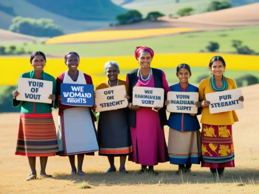 Mujeres rurales unidas en un campo soleado, sosteniendo carteles por los derechos humanos de las mujeres, transmitiendo determinación y empoderamiento