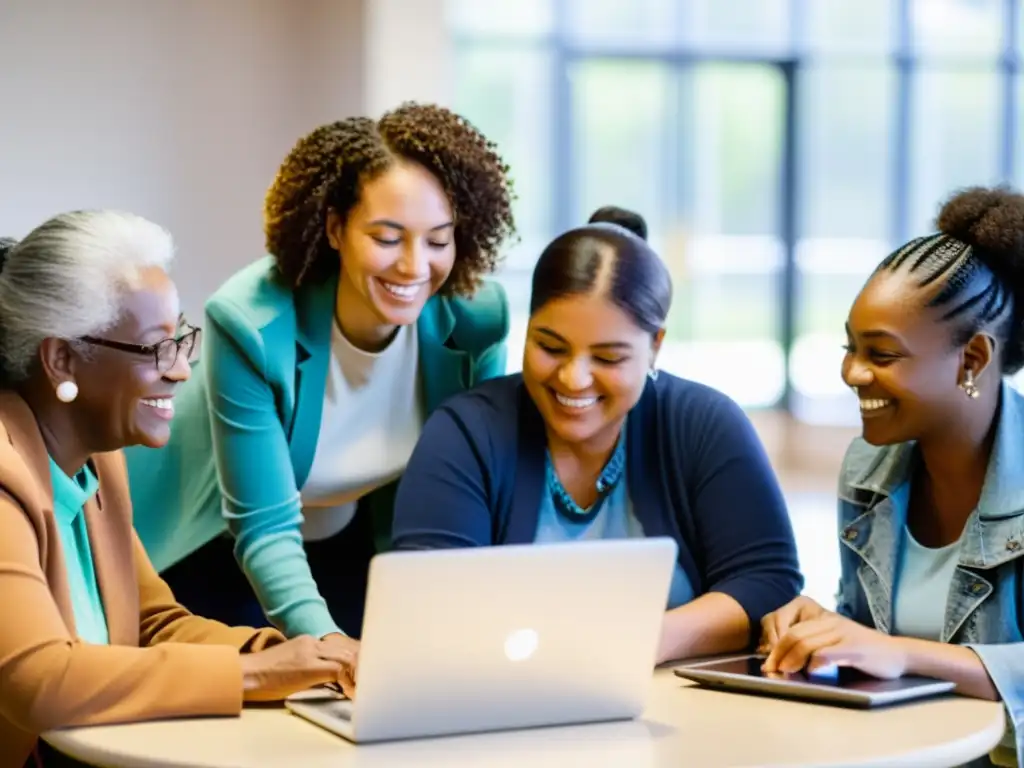 Mujeres participan en taller de tecnología, creando ambiente colaborativo