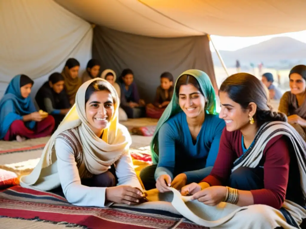 Mujeres yazidíes tejiendo textiles en un campamento de refugiados, mostrando determinación y resistencia en la lucha por los derechos humanos