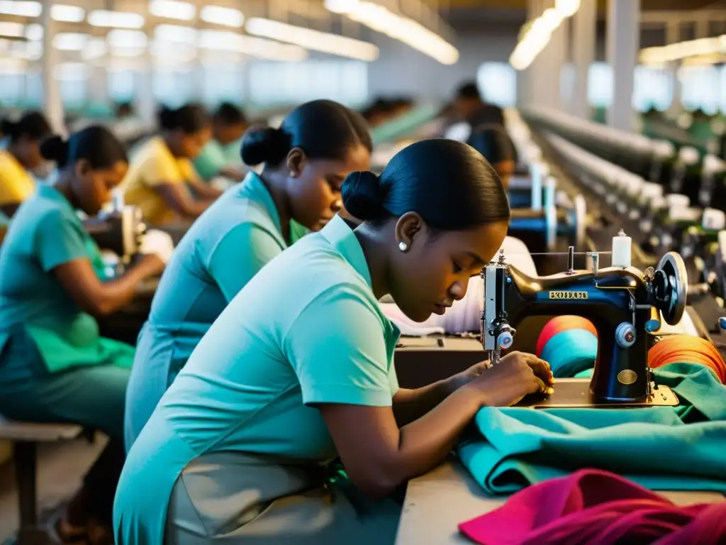 Mujeres trabajadoras del textil en fábrica, cosiendo prendas con determinación