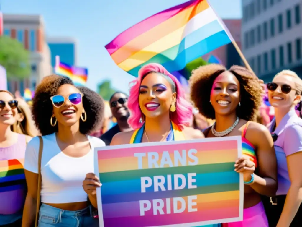 Mujeres trans con atuendos vibrantes y pancartas en una marcha del orgullo, transmitiendo determinación y orgullo