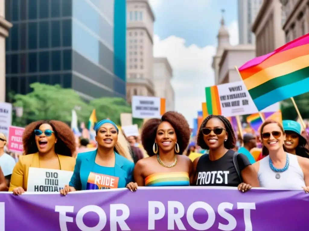 Mujeres trans marchando en desfile de orgullo con pancartas coloridas, desafiando derechos humanos con determinación y empoderamiento