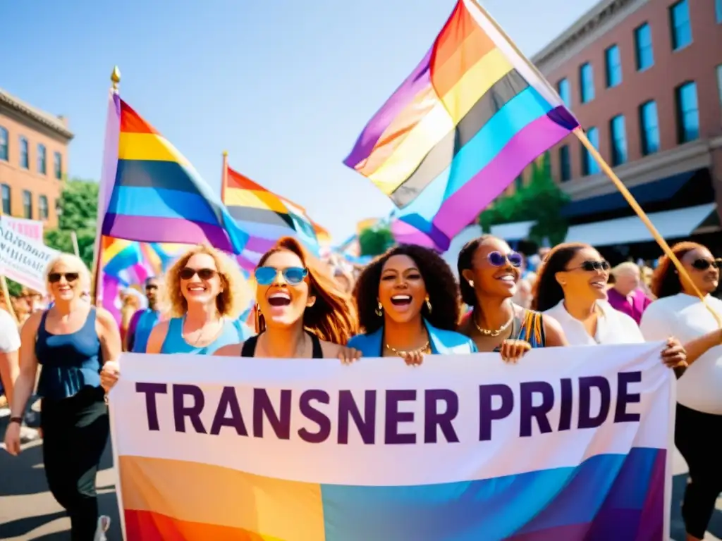 Mujeres trans marchando con determinación y resiliencia en un desfile de orgullo, desafiando los derechos humanos para mujeres trans