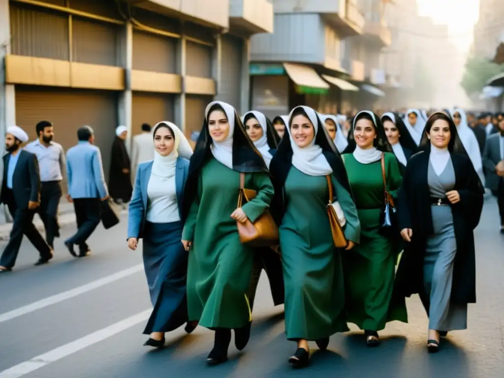 Mujeres con chadors caminan en la tumultuosa calle de Teherán durante la dictadura iraní, representando desafíos de género