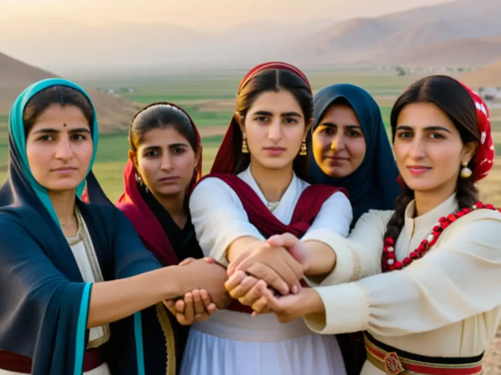 Mujeres yazidíes visten trajes tradicionales, unidas en círculo, expresando solidaridad y determinación en la lucha por los derechos humanos