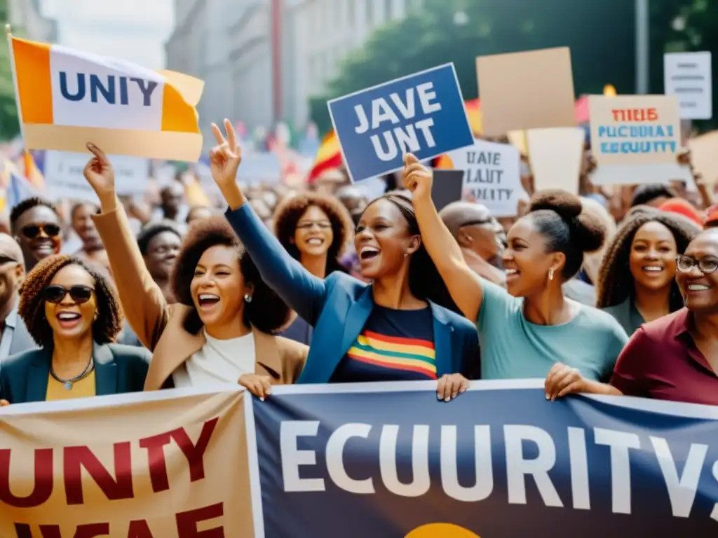 Manifestación multicultural con energía y pasión, representando la inclusión de minorías en movimientos democráticos