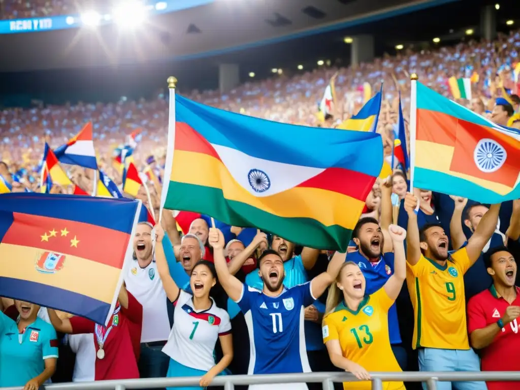 Multitud de aficionados internacionales en estadio, ondeando banderas y vistiendo camisetas de equipos, celebrando y animando en varios idiomas, representando los Derechos de los aficionados internacionales