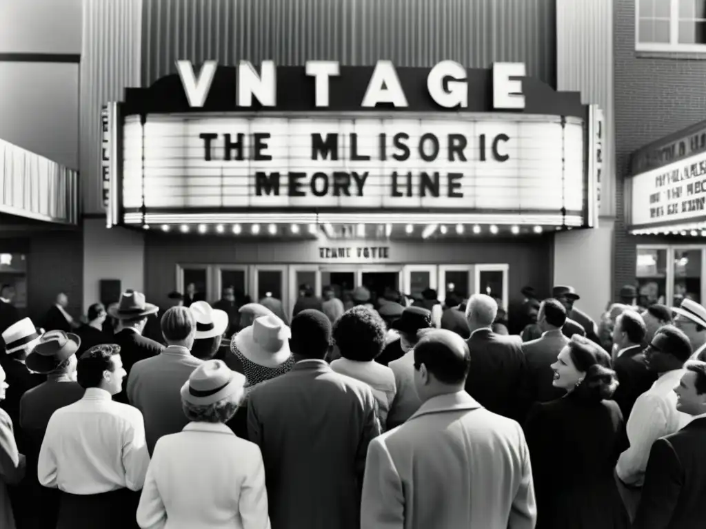 Multitud ansiosa espera en fila frente a cine vintage, con marquesina de película clásica