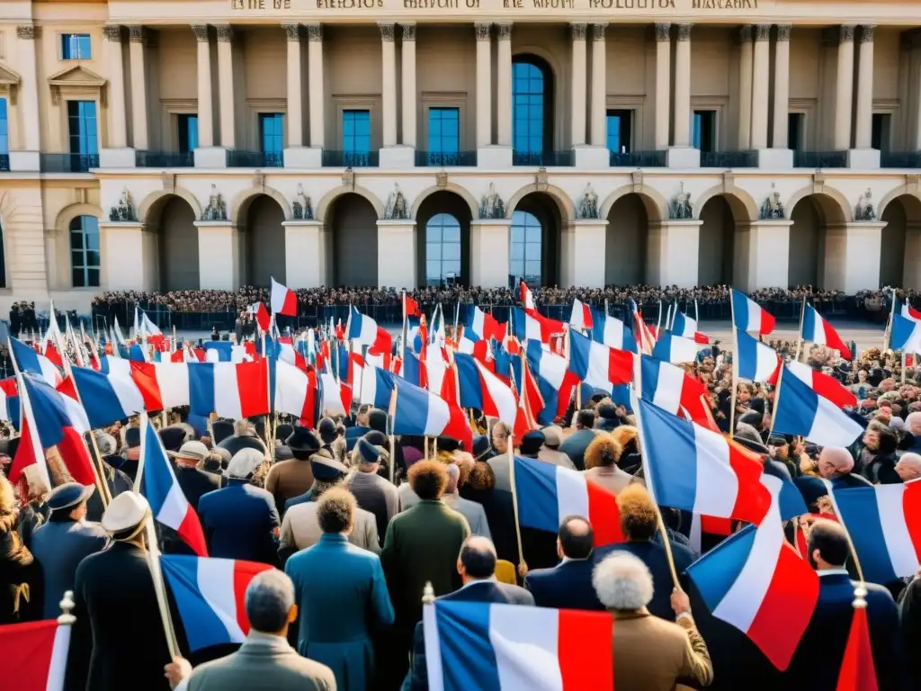 Multitud apasionada ondeando banderas durante la firma de la Declaración de los Derechos del Hombre en la Asamblea Nacional Francesa