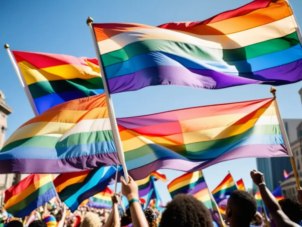 Multitud ondeando banderas arcoíris en desfile del orgullo, representando unidad, celebración y lucha por los derechos humanos LGBTIQ+ a nivel mundial