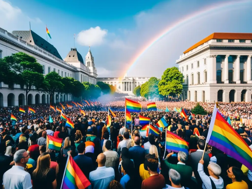 Una multitud en la calle ondea banderas arcoíris, representando la influencia política internacional en la lucha por los derechos LGBTIQ+