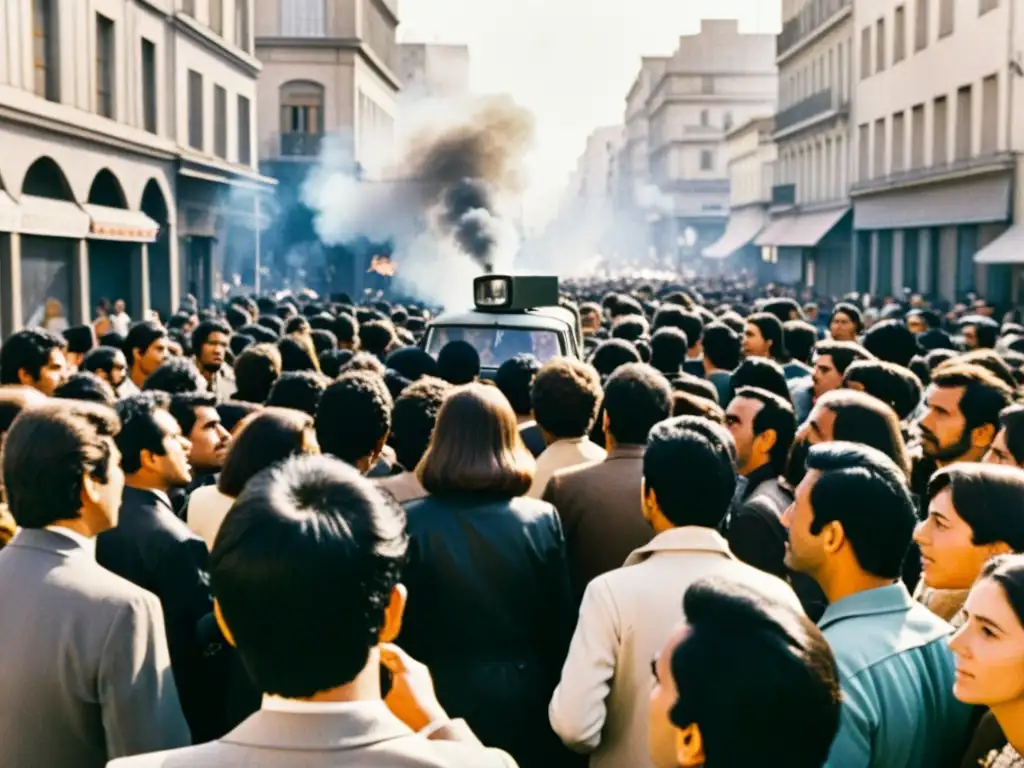 Multitud observa televisión en la calle durante el Golpe de Estado de Chile de 1973, con atmósfera tensa y medios en el centro