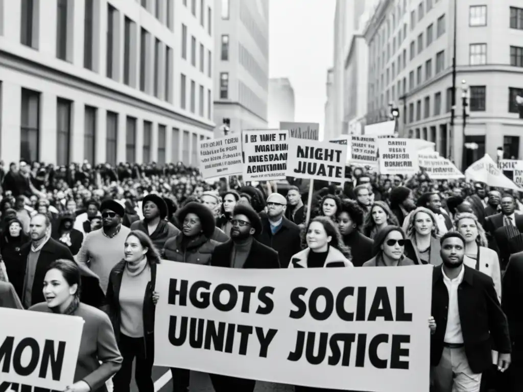 Multitud marchando en la calle con pancartas por Revoluciones Sociales y Derechos Humanos