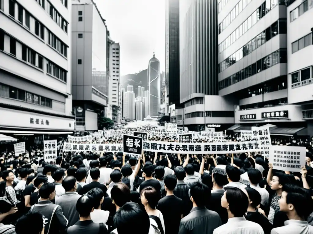 Multitud en la calle de Hong Kong en protesta por la democracia, con pancartas y letreros