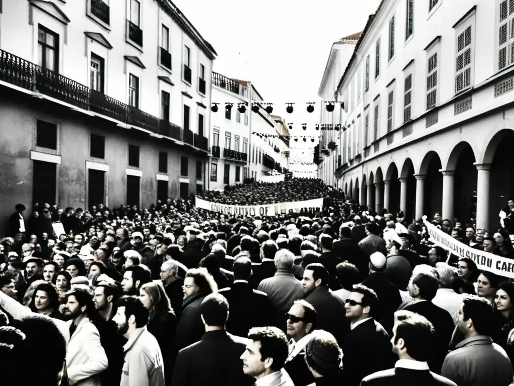 Multitud en la calle durante la Revolución Portuguesa, manifestando con pancartas en blanco y negro