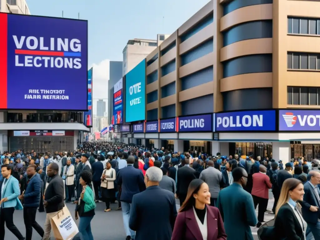 Multitud en la calle durante la temporada electoral, votando y con tecnología AI mostrando datos electorales