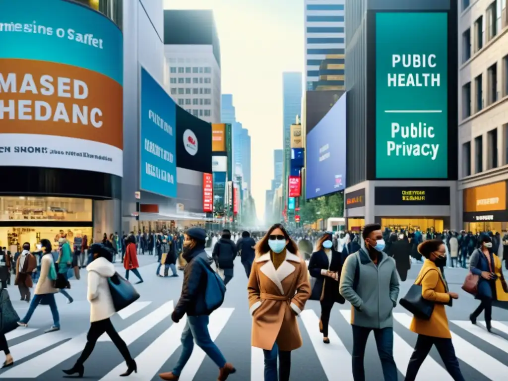 Multitud en la calle urbana con anuncio de salud pública, reflejando el equilibrio entre salud pública y privacidad