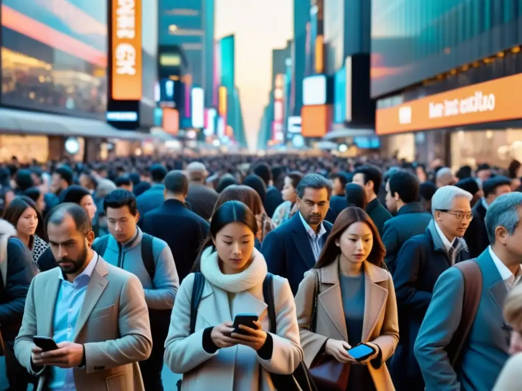 Multitud en la ciudad, absorta en sus smartphones