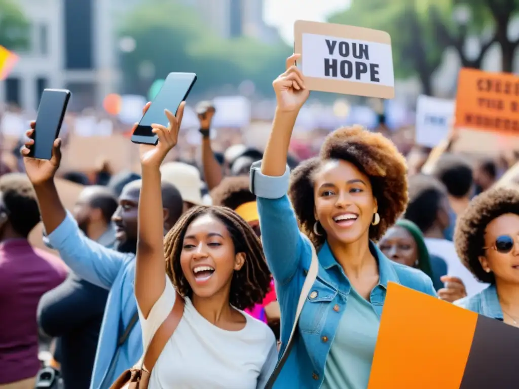 Multitud diversa en activismo pacífico, capturando protesta con smartphones y redes sociales impacto derechos humanos y noticias