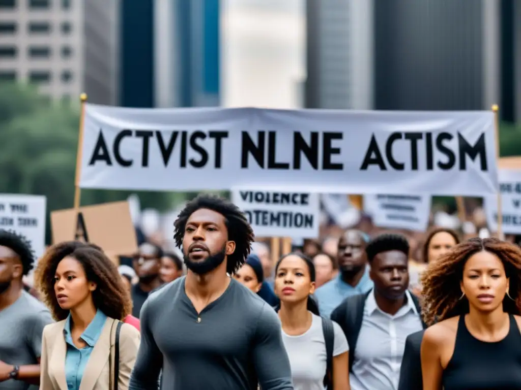 Multitud diversa de activistas marchando pacíficamente, reflejando la línea entre activismo y violencia