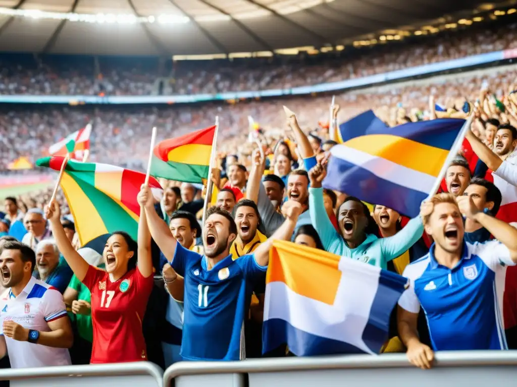 Una multitud diversa de apasionados aficionados al deporte agitando banderas y animando en un estadio lleno durante un evento deportivo internacional