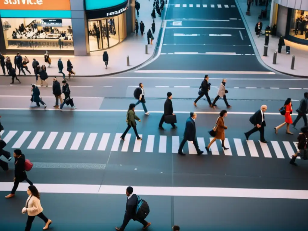 Multitud diversa en la ciudad, desafío derechos humanos siglo XXI con cámaras de vigilancia discreta en edificios y farolas