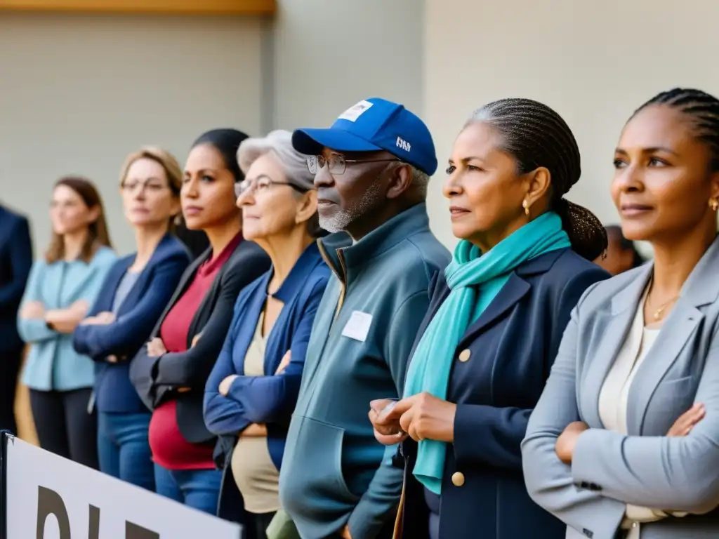 Multitud diversa espera pacientemente para votar, reflejando la integridad democrática en procesos electorales