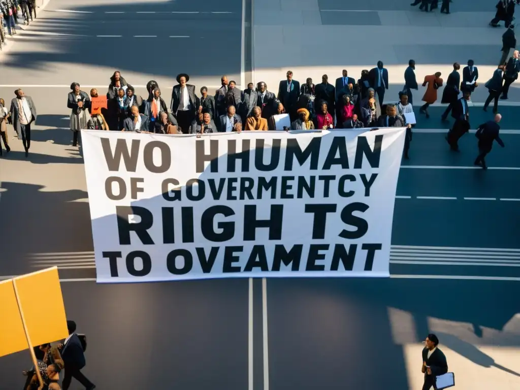 Una multitud diversa marcha en el centro de la ciudad, exigiendo transparencia y derechos humanos frente a un edificio gubernamental