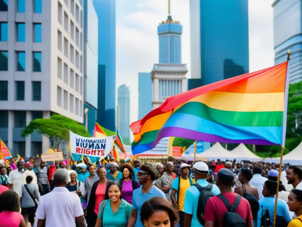 Multitud diversa marcha por la ciudad, portando pancartas coloridas en apoyo a los derechos humanos