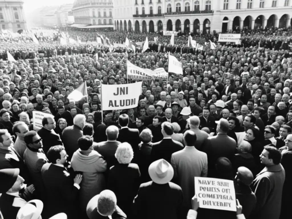 Multitud diversa se reúne en plaza, ondeando banderas y carteles con consignas políticas en varias lenguas