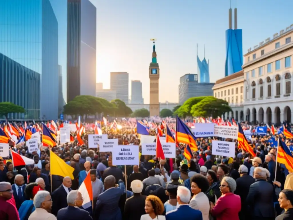 Multitud diversa en plaza, ondean banderas y carteles por movimientos democráticos remodelando políticas globales