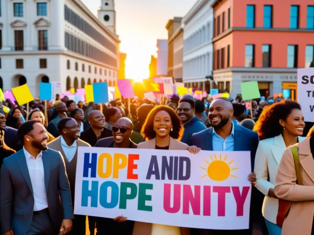 Multitud diversa en plaza de la ciudad, sosteniendo carteles coloridos con mensajes de esperanza y unidad al atardecer