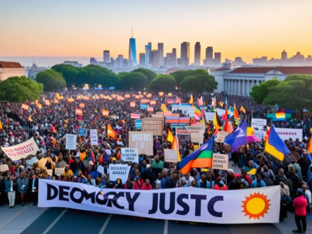 Multitud diversa en plaza de la ciudad al atardecer, con pancartas y energía por movimientos democráticos remodelando políticas globales