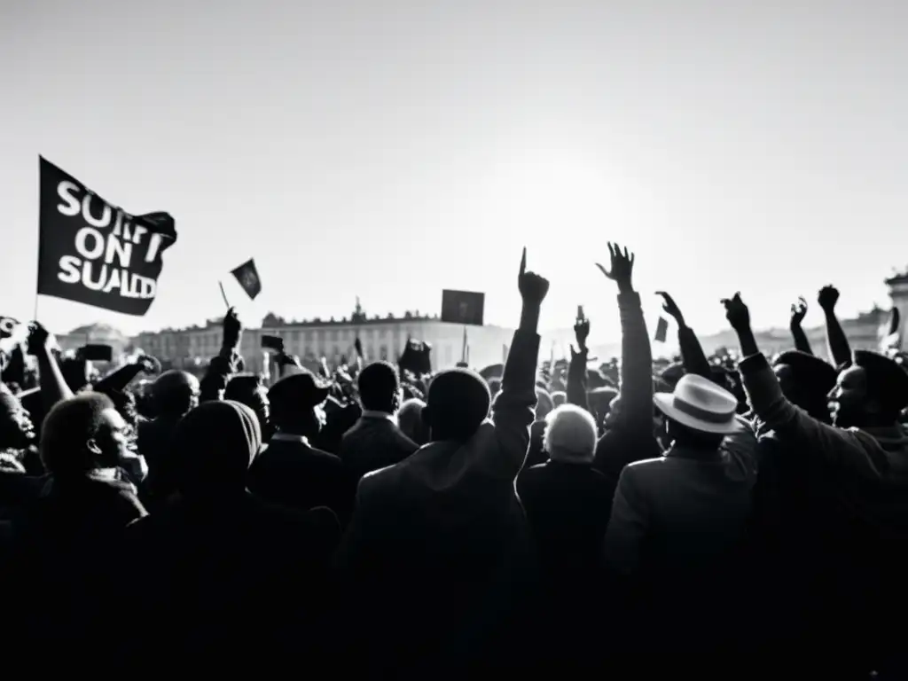 Una multitud diversa se reúne en la plaza de la ciudad, sosteniendo pancartas y cantando al ritmo de la música en vivo