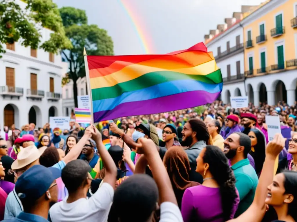 Una multitud diversa se reúne en una plaza de la ciudad, ondeando banderas arcoíris y sosteniendo pancartas con mensajes de igualdad e inclusión