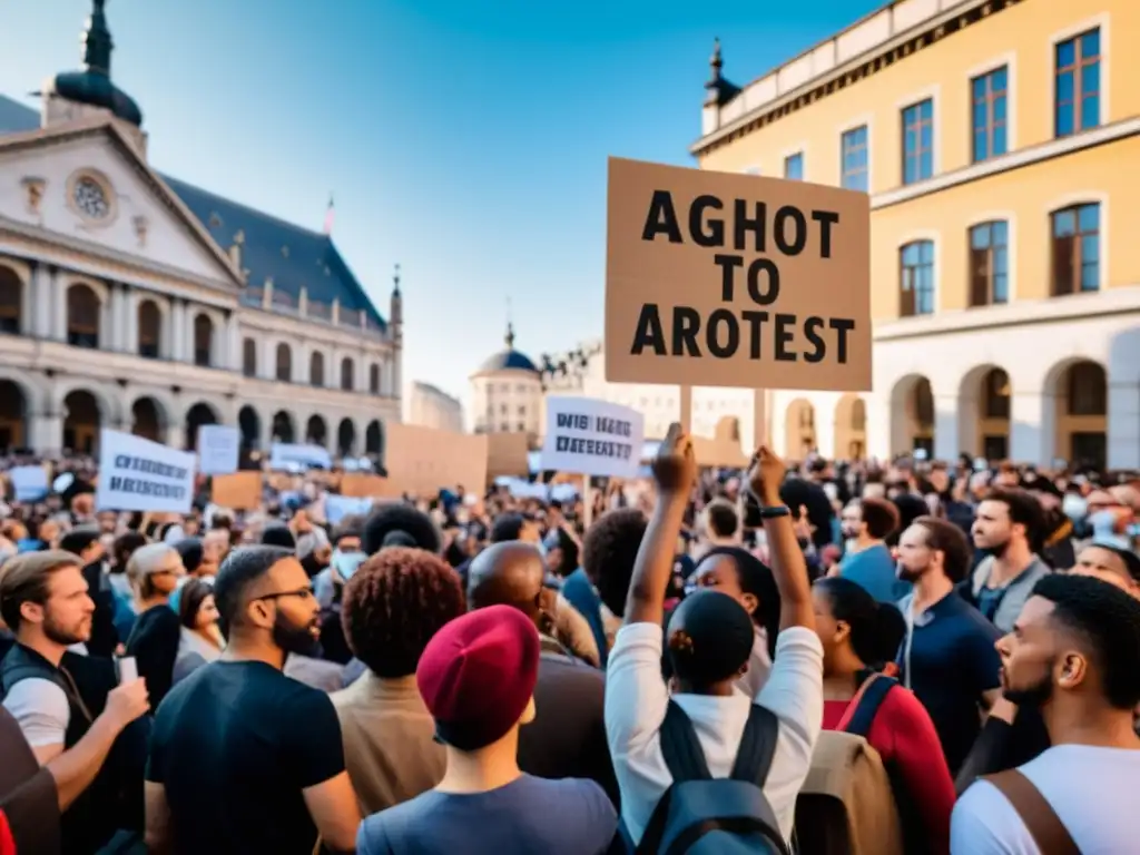 Una multitud diversa se reúne en la plaza de la ciudad, sosteniendo pancartas con consignas a favor del derecho a la protesta