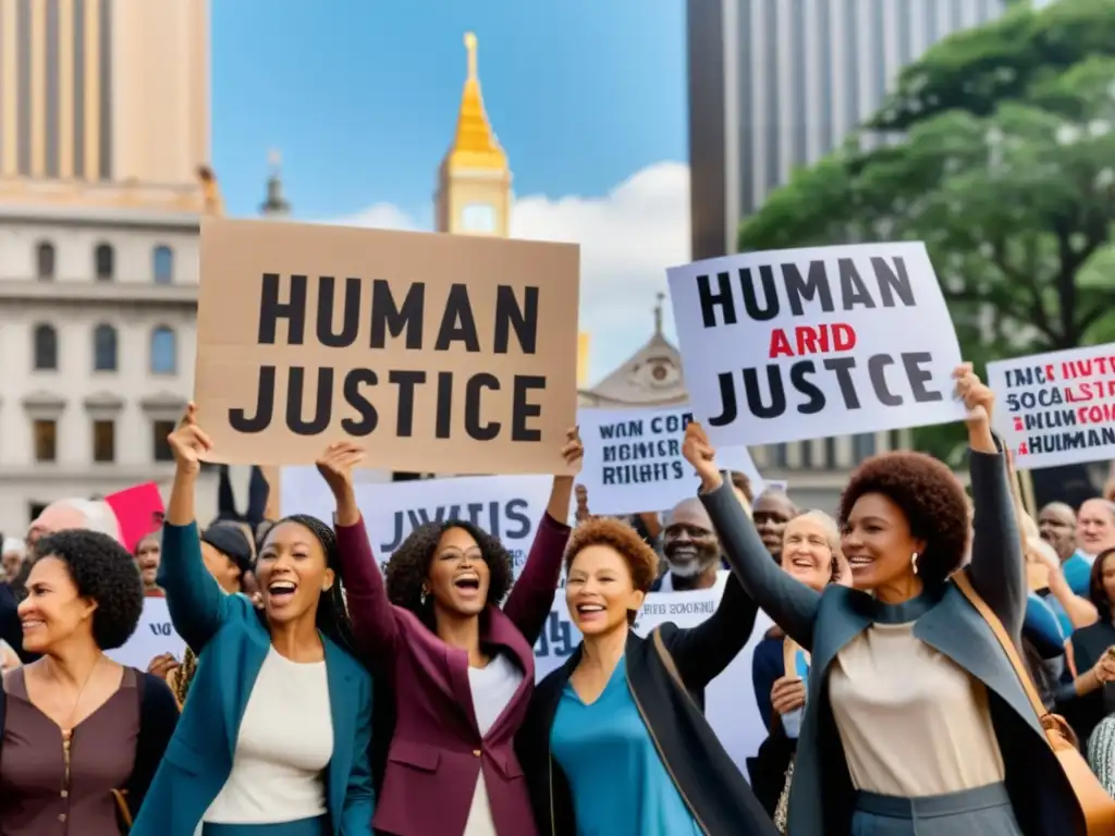 Multitud diversa en plaza pública sosteniendo pancartas por la conciencia de derechos humanos en movimientos sociales