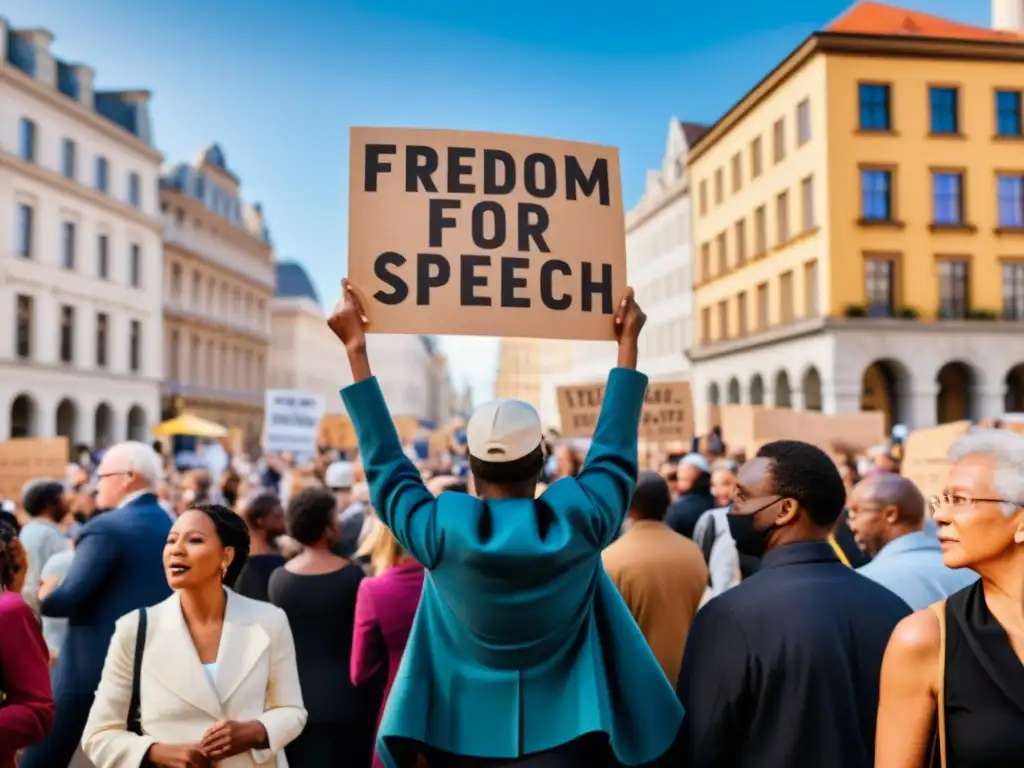 Manifestación multicultural por la libertad de expresión en la plaza Multitud diversa en protesta pacífica por la libertad de expresión en una plaza de la ciudad
