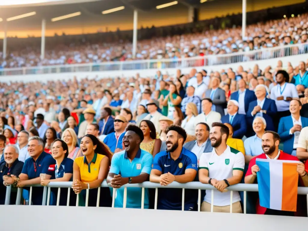 Emoción diversa en estadio: Unidad en evento deportivo Multitud diversa y unida disfrutando de un evento deportivo internacional, reflejando el trato a migrantes en eventos deportivos