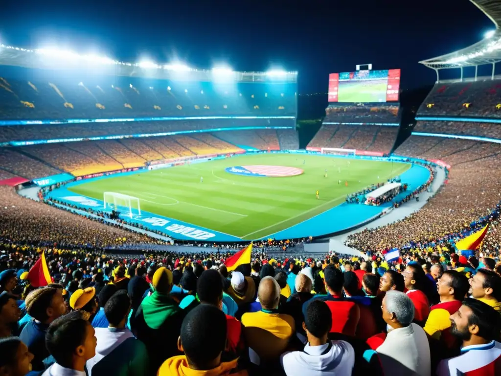 Multitud emocionada en estadio durante evento deportivo global, muestra diversidad y fervor