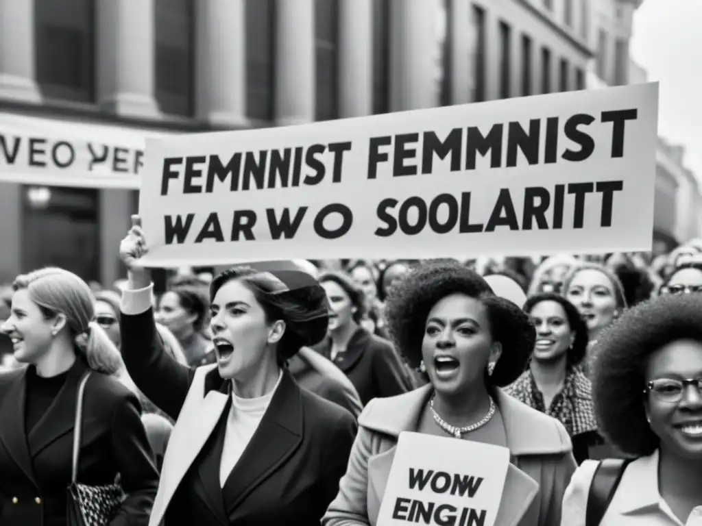 Multitud de mujeres marchando en la calle con pancartas feministas