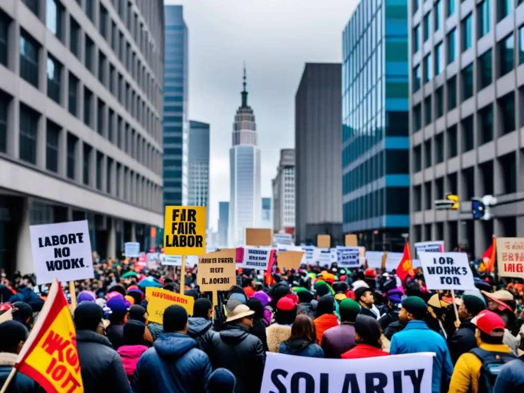 Multitud marcha con pancartas coloridas en la ciudad, luchando por Sindicatos defensa derechos laborales bajo un cielo sombrío