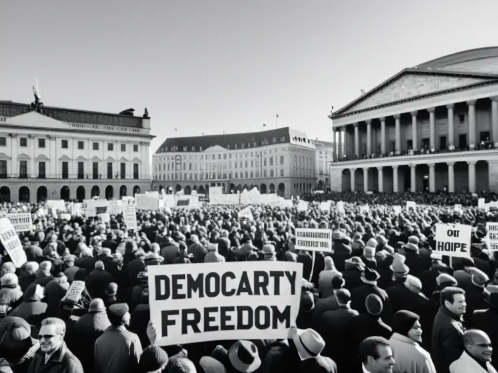 Una multitud se reúne en la plaza de la ciudad, sosteniendo pancartas con mensajes de democracia y libertad