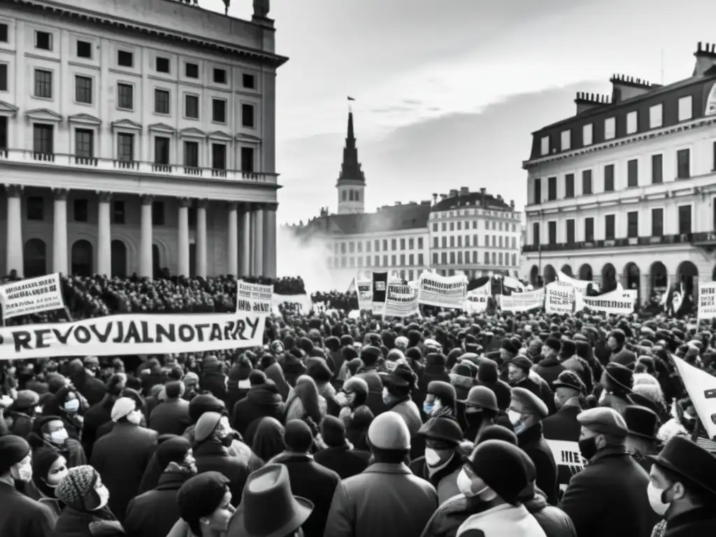 Una multitud se reúne en una plaza de la ciudad, sosteniendo pancartas y carteles con consignas revolucionarias