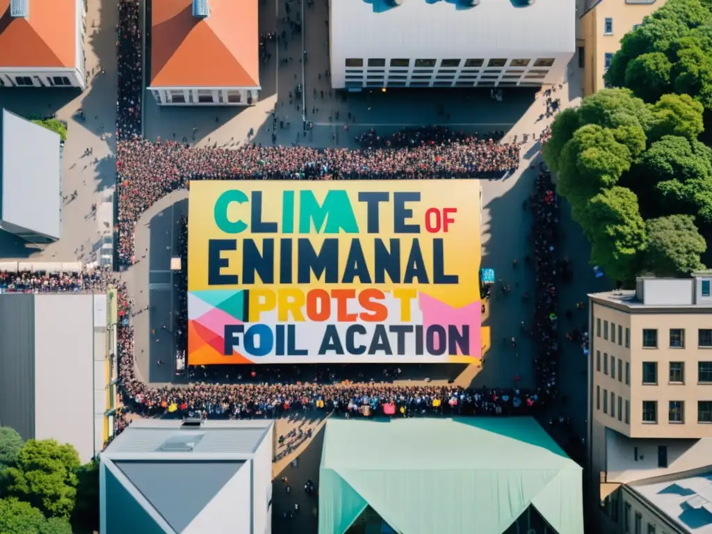 Multitud en plaza de la ciudad sostiene pancartas ambientales, rodeada de edificios altos