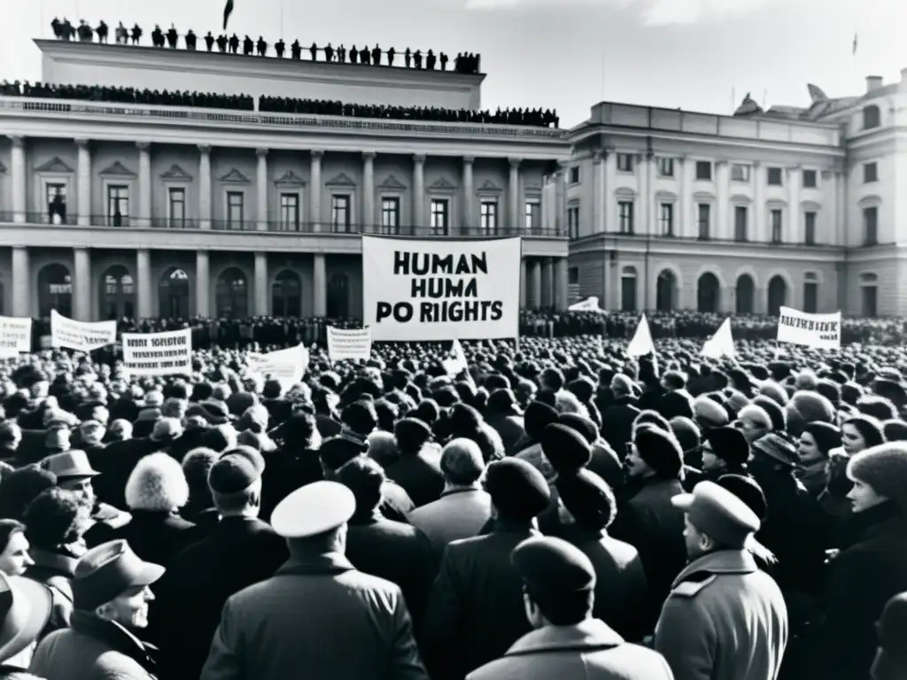 Una multitud en una plaza con pancartas por derechos humanos, en la era de la perestroika en Europa del Este