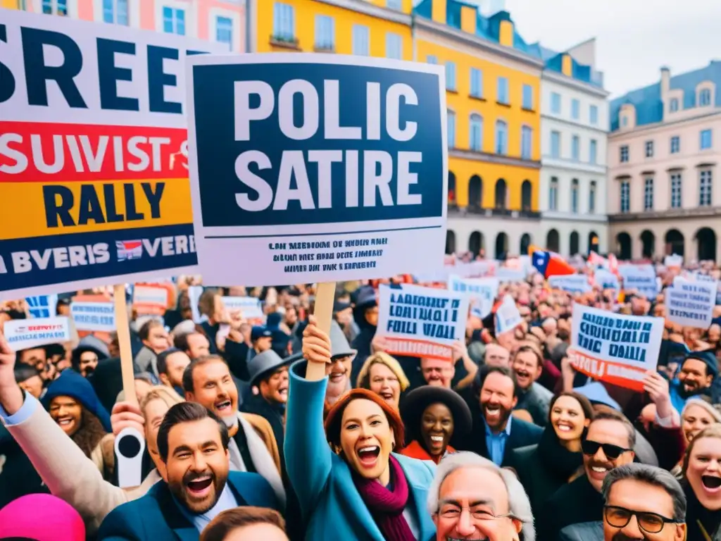 Multitud en plaza con pancartas satíricas, risas y sátira política, reflejando el papel del humor en crítica política