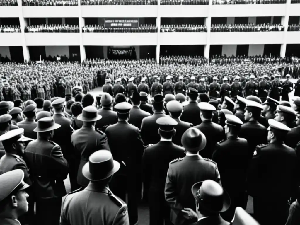 Multitud en plaza pública bajo represión y propaganda en dictaduras sudamericanas