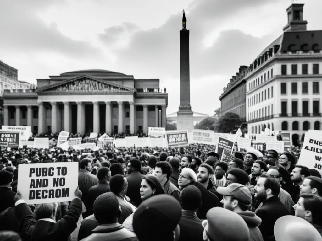 Multitud en plaza pública exigiendo la transición de regímenes autoritarios a democracias globales, con emoción y determinación en sus rostros